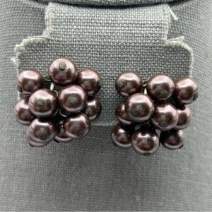 Vintage Brown Bronze Cluster Bobble Dangle Large Clip On Earrings